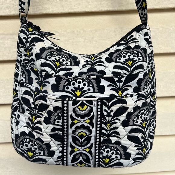 Vera Bradley, black&white w/neon yellow petals crossbody purse,adjustable handle - Picture 2 of 14